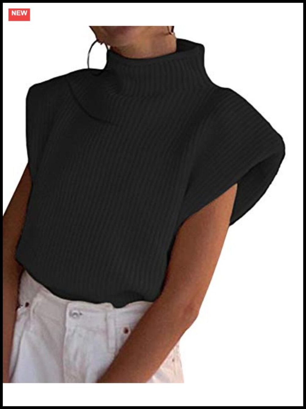 Women's Sleeveless Sweater Vest Mock Turtleneck Shoulder Pad Ribbed Knit Top